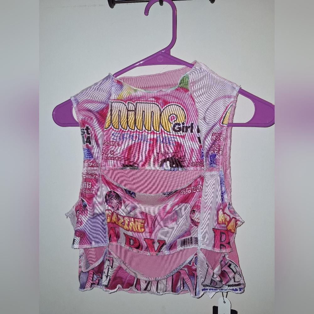 Mesh Anime girl top with distressing NWT